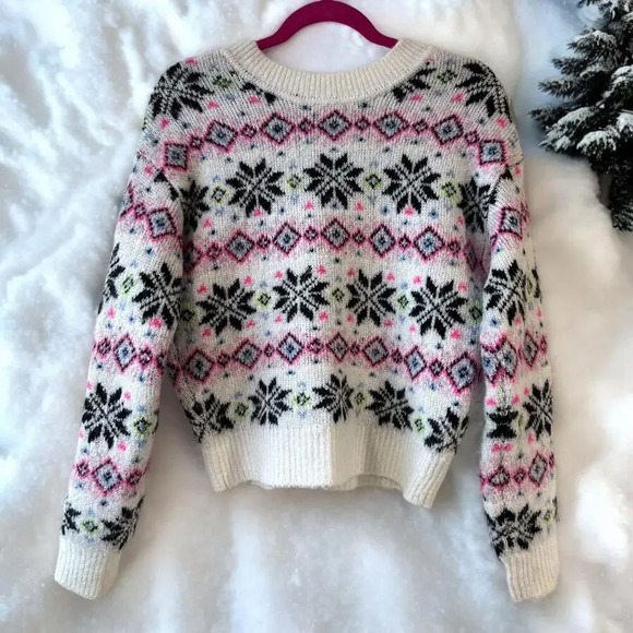 PINK Victoria's Secret Oversize Sweater Snowflake Multicolor Knit Long Sleeve XS - Picture 2 of 14